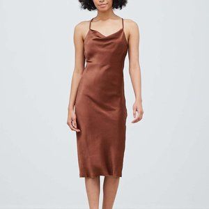NWT Grade & Gather Cowl Neck Satin Midi Dress Spaghetti Straps in Brown